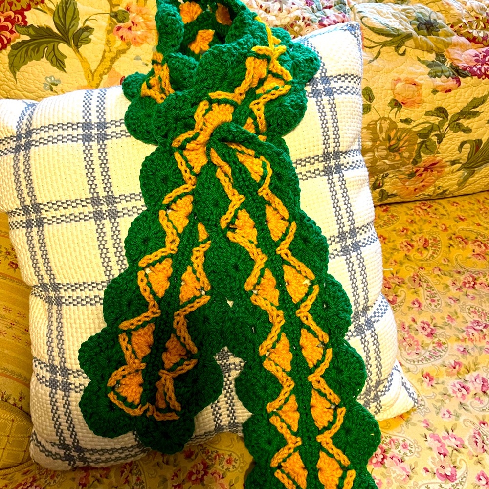 Hand crochet green and gray keyhole scarf